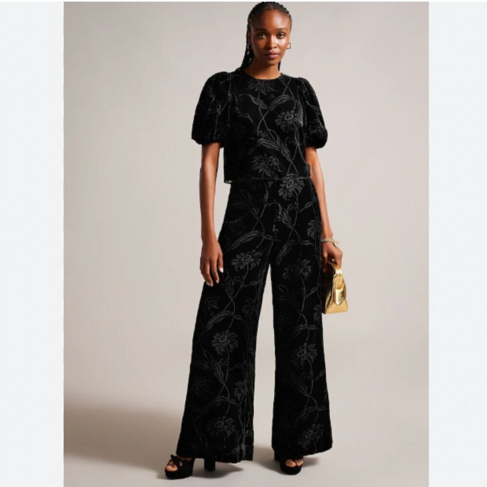 NWT TED BAKER BETTIAT BLACK FLORAL VELVET WIDE LEG PANTS - XS